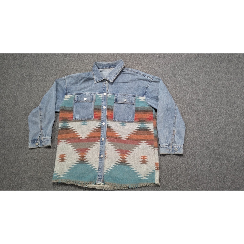 Women's Aztec Shacket Jacket XL Blue Southwestern‎ Geometric Denim Casual Boho*